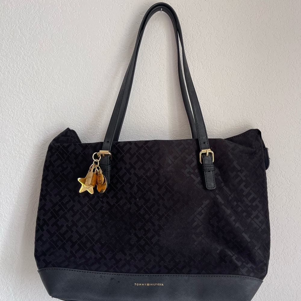 Tommy Hilfiger Black Monogram Handbag Suede & Leather Y2K Work Bag Luxury